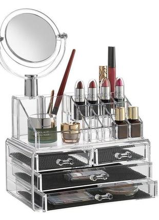Универсальный вместительный органайзер для макияжа с зеркалом