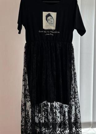 Стильное женское платье -футболка из кружевая ( турция ) оверсайз