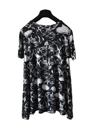 Challis чорно-біла подовжена футболка бохо туніка бохо асиметрія в стилі philip plein довга жіноча футболка черепа і троянди3 фото