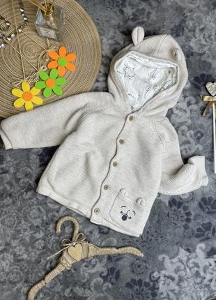 🧸 вʼязаний кардиган disney baby at george 9-12 74-80 на бавовняній підкладці бежевий пісочний з вушками ведмедик кофта на ґудзиках