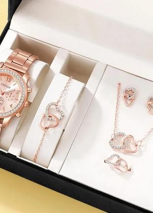 Комплект украшений розовое золото,6 предметов: часы, кольце, ожерелье,серьги, браслет