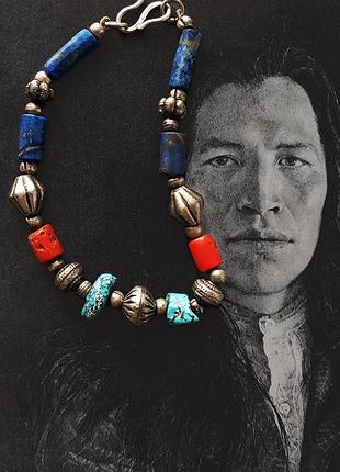 Винтажный браслет, мужской браслет, женский браслет, лазурит, коралл, бирюза, винтаж, этно, бохо