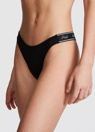 Трусики бразильяна victorias secret pink logo cotton high-leg thong panty