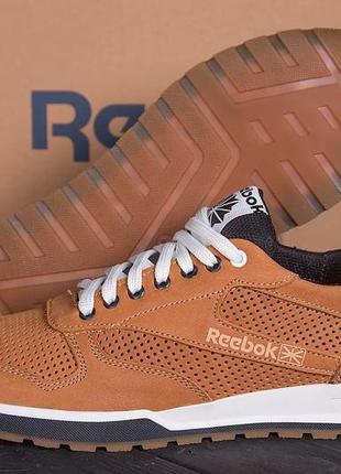 Мужские кожаные летние кроссовки, перфорация reebok classic brown