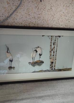 Картина лелеки з аплікації та акварелі в рамці під склом