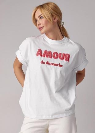 Хлопковая футболка oversize с надписью amour белый