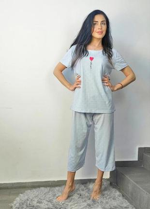 Жіноча піжама великого розміру для дому футболка з бріджами - капрі, бавовна,туреччина