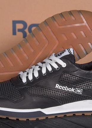 Мужские летние кожаные кроссовки (кеды),перфорация reebok classic classic black