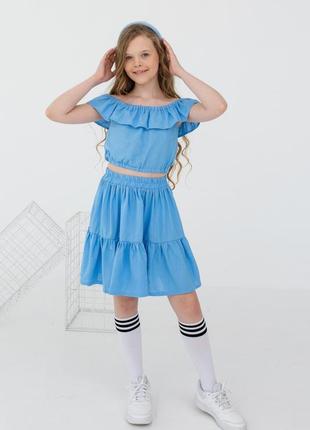 Костюм детский льняной летний топ и юбка голубой