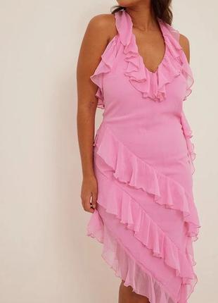 Воздушное розовое платье миди с воланами хс/с