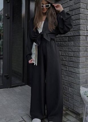 Костюм женский однотонный оверсайз рубашка на пуговицах брюки свободного кроя на высокой посадке качественный стильный черный