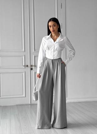 Жіночі класичні брюки палаццо у смужку, широкі штани на високій посадці, розширені, офісні, чорні, сірі, бежеві