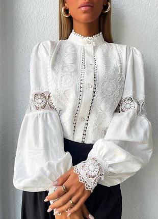 Біла жіноча сорочка з мереживом жіноча ніжна блузка з пишними рукавами з мереживом