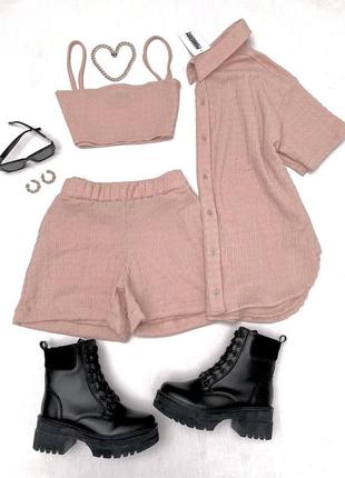 Бежевий жіночий літній костюм рубашка топ шорти жіночий повсякденний прогулянковий літній костюм шорти сорочка та топ