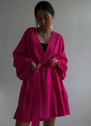 Стильний лляний жіночий костюм сорочка - кімоно і шорти оверсайз комплект з льону