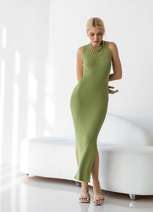 Летнее облегающее длинное платье с разрезами по бокам оливка 42-48