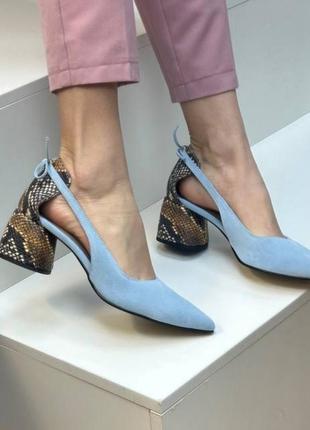 Ексклюзивні туфлі лодочки з італійської шкіри та замші жіночі на підборах