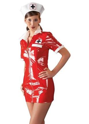 Мини-платье медсестры сделанное из красного винила | сексуальный костюм медсестры