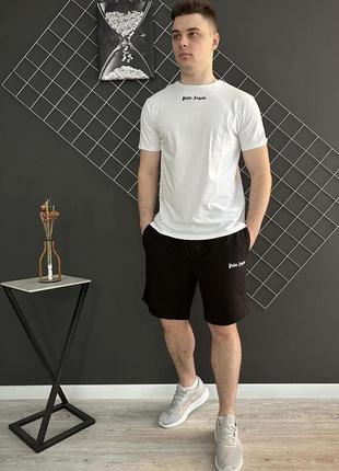 Мужской летний комплект palm angels: черные шорты + футболка в белом цвете