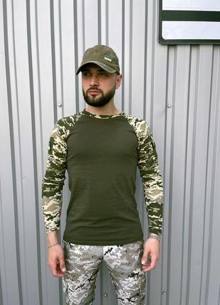 Тактическая футболка, лонгслив хаки с камуфляжем 'velcro' ||  тактическая военная футболка с длинным рукавом