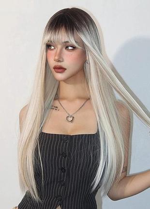 Парик блонд с челкой, парик блондинки длинные прямые волосы