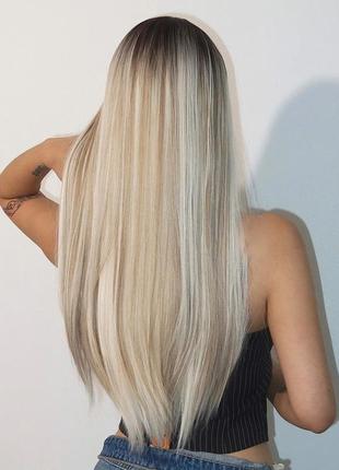 Парик блонд с челкой, парик блондинки длинные прямые волосы