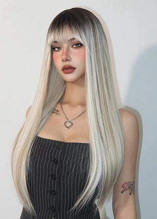 Парик блонд с челкой, парик блондинки длинные прямые волосы