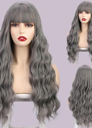 Красивый парик c чёлкой длинные волнистые волосы  nyl2465 серый