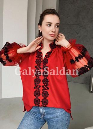 Роскошная вышитая блуза красная, вышиванка женская