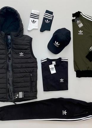 Мужской спортивный костюм 7в1 adidas адидас : жилет, кофта, штаны, футболка, кепка, носки 2 пары ||