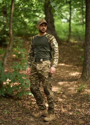 Літня військова форма: брюки protect піксель з наколінниками + чоловічий лонгслів velcro хакі/піксель