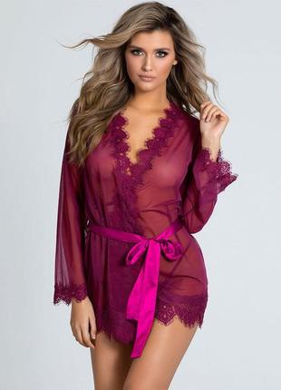 Фіолетовий еротичний халат та стрінги || короткий прозорий халат з коротким рукавом на запaх та з поясом