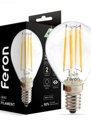 Светодиодная лампа feron lb-61 4w e14 4000k филамент шар