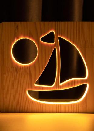 Світильник нічник arteco light з дерева led "кораблик" з пультом та регулюванням світла, колір теплий білий