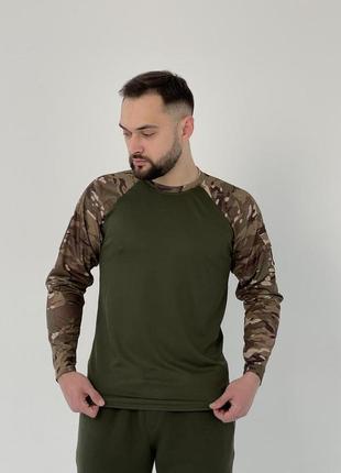 Тактична футболка, лонгслів хакі з камуфляжем 'forest' / тактична футболка з довгим рукавом