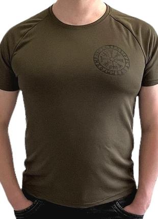 Тактична футболка coolmax хакі олива чоловіча армійська футболка вологовідвідна з принтом рунічний компас