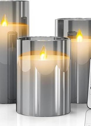 Светодиодные беспламенные свечи  из воска в стекле,функция таймера,набор из 3 восковых свечей, серый