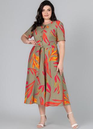 Женское летнее длинное оливковое платье со льном, большие размеры