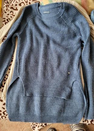 Джемпер удлиненный голубой ассиметрия деним васильковый туника свитер длинный вязка теплый