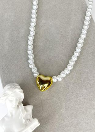 Підвіска з перлинами finding кольє намисто чокер серце метал пластик білий золотистий 39 см