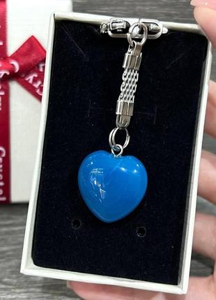 Подарунок дівчині натуральний камінь блакитний агат кулон у формі серця 19 мм на брелоці сталь в коробочці