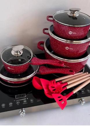 Набір граніт посуду красний (17 предметів) higher kitchen hk-3055 фото