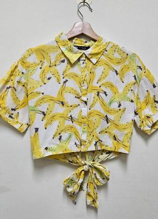Zara топ банани, сорочка укорочена літня льон