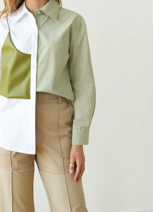 Дизайнерская рубашка с кожаным топом, оливковая стильная двухцветная