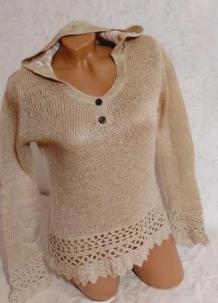 Вовняний тонкий в'язаний светр із капюшоном, гарний бежевий светр, жіночий одяг, худі