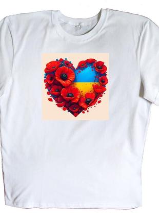 Женская футболка с патриотическим принтом белая маки цветы желто голубое сердце