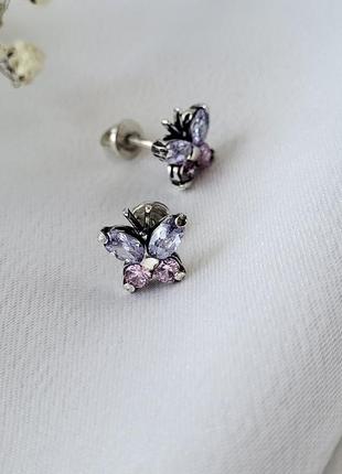 Срібні сережки гвоздики метелики із бузковими каменями срібло 925 проби 2170/3 2.10г