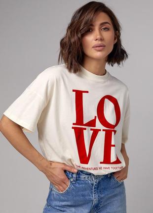 Женская хлопковая футболка с надписью love - кремовый цвет, l (есть размеры)