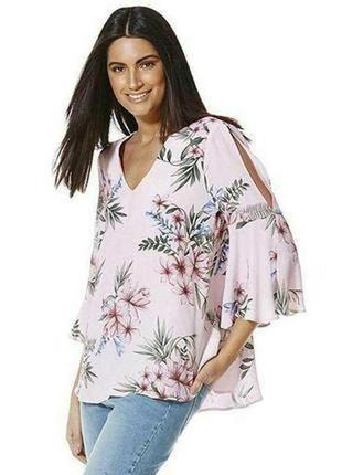 Натуральная пудровая блуза в цветах с открытыми руками 14/48-50 размера f&amp;f