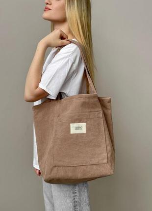 Жіноча сумка-шопер вельветова з кишенькою коричнева (жіночий шопер вельветовий)